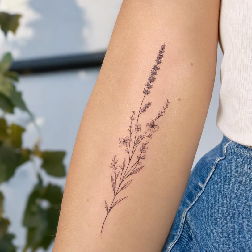 Fine line botanical tattoo beta preview on skin